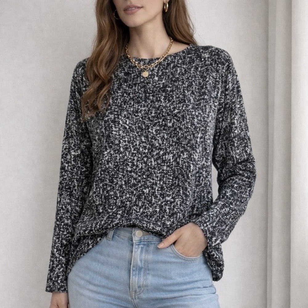 💥SALE💥 Eileen Fisher Silk Black White Prism Crewneck Long Sleeve Blouse S (6)